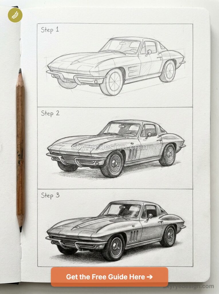 tutorial-corvette-c2 Step-by-step car drawing tutorial: pencil sketch of a vintage sports car in a sketchbook with wooden pencil | Sky Rye Design Step-by-step car drawing tutorial: pencil sketch of a vintage sports car in a sketchbook with wooden pencil