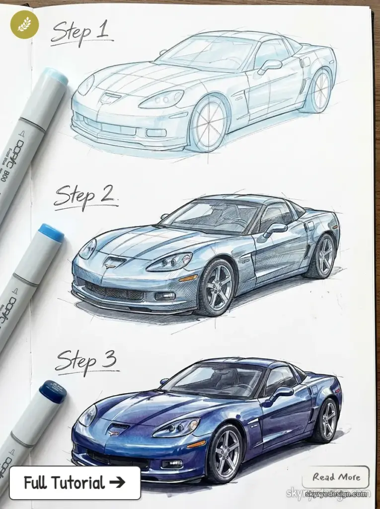 copic-tutorial-1783418241186 Three-step car sketches in a notebook: Step 1 a light blue outline, Step 2 a shaded grey-blue render with wheels, Step 3 a polished blue sports car with details; markers on left side. | Sky Rye Design Step-by-step car drawing tutorial: three stages of a blue sports car sketch rendered with markers on sketchbook page.