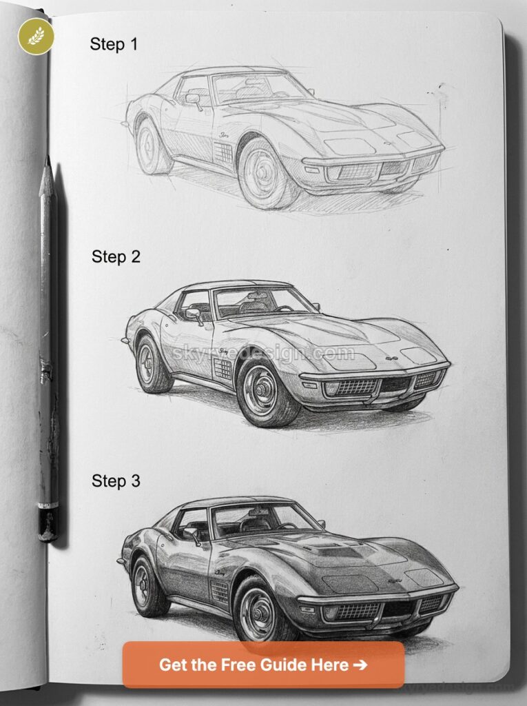 tutorial-corvette-c3 Page with three pencil sketches of a vintage sports car labeled Step 1, Step 2, Step 3, each showing a different angle; a pencil rests along the left edge of the notebook. | Sky Rye Design Page with three pencil sketches of a vintage sports car labeled Step 1, Step 2, Step 3, each showing a different angle; a pencil rests along the left edge of the notebook.