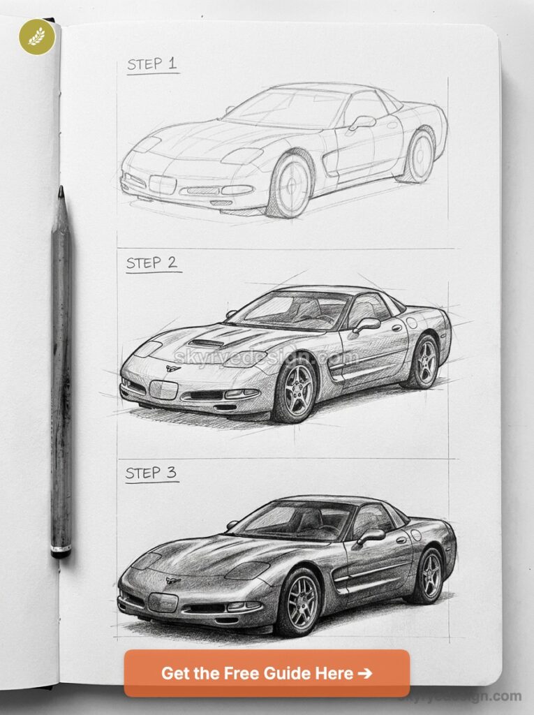 tutorial-corvette-c5 1 Three-step pencil sketch tutorial of a Corvette sports car in a sketchbook with a pencil and orange guide button | Sky Rye Design Three-step pencil sketch tutorial of a Corvette sports car in a sketchbook with a pencil and orange guide button