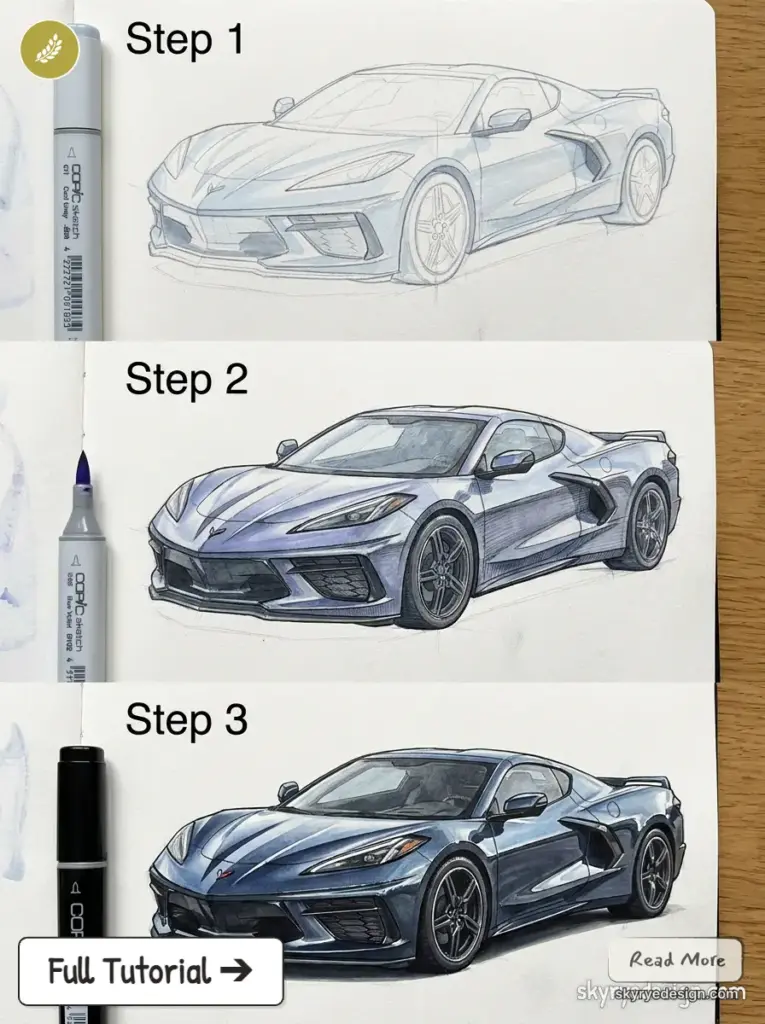 copic-tutorial-1783429740006 Three-step Corvette C8 drawing tutorial in sketchbook: pencil sketch, shaded ink, and final colored marker rendering. | Sky Rye Design Three-step Corvette C8 drawing tutorial in sketchbook: pencil sketch, shaded ink, and final colored marker rendering.