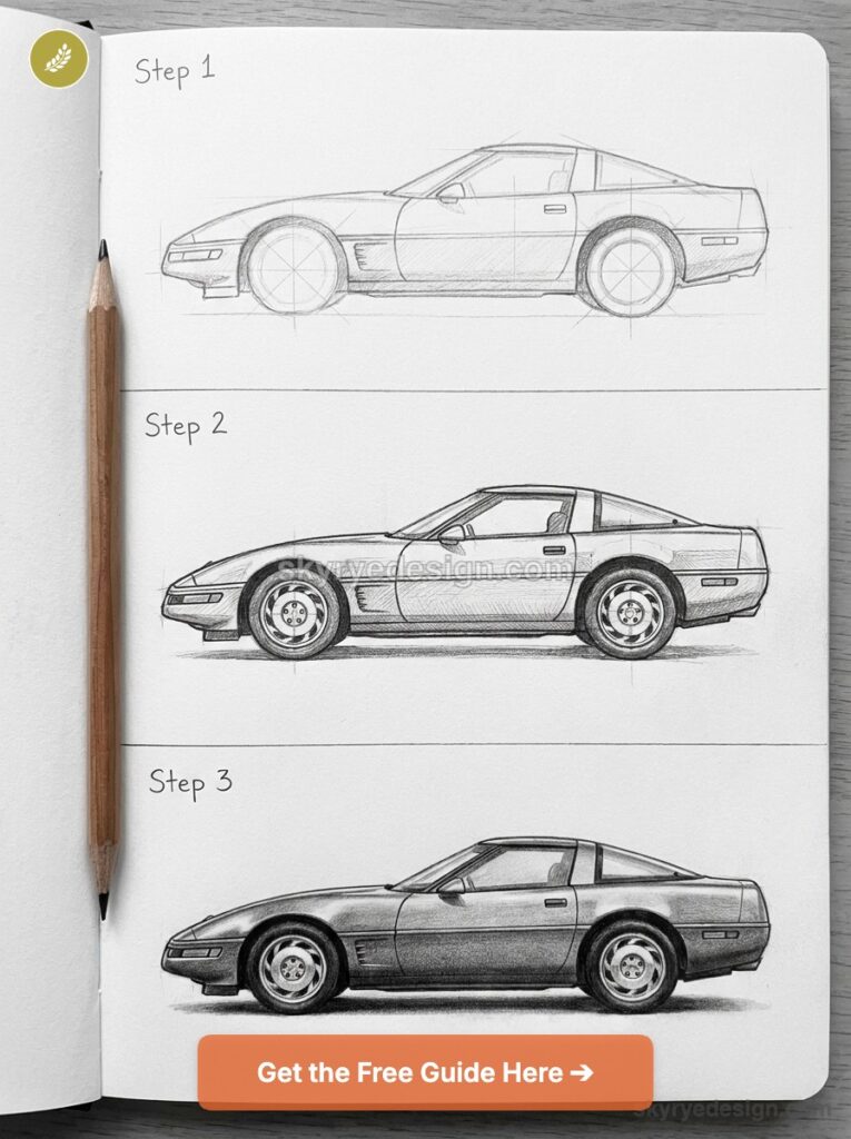tutorial-corvette-c4-side Three-step pencil sketch tutorial of a sports car side view with a pencil and an orange Get the Free Guide button | Sky Rye Design Three-step pencil sketch tutorial of a sports car side view with a pencil and an orange Get the Free Guide button