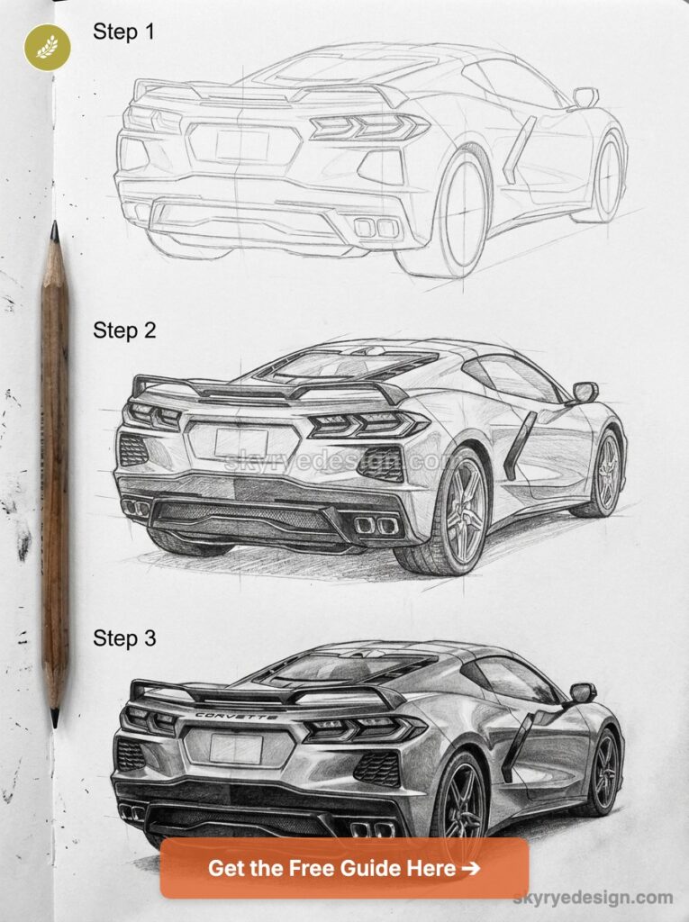 tutorial-corvette-c8-rear Three-step pencil sketch tutorial of a Corvette rear 3/4 view, with pencil and 'Get the Free Guide' CTA. | Sky Rye Design Three-step pencil sketch tutorial of a Corvette rear 3/4 view, with pencil and'Get the Free Guide' CTA.
