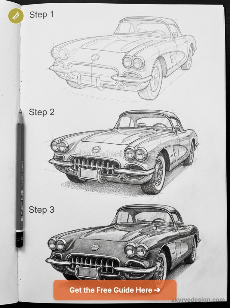 tutorial-corvette-c1-front Three-step pencil drawing tutorial of a classic Corvette, progressive sketch stages shown on a sketchbook page | Sky Rye Design Three-step pencil drawing tutorial of a classic Corvette, progressive sketch stages shown on a sketchbook page