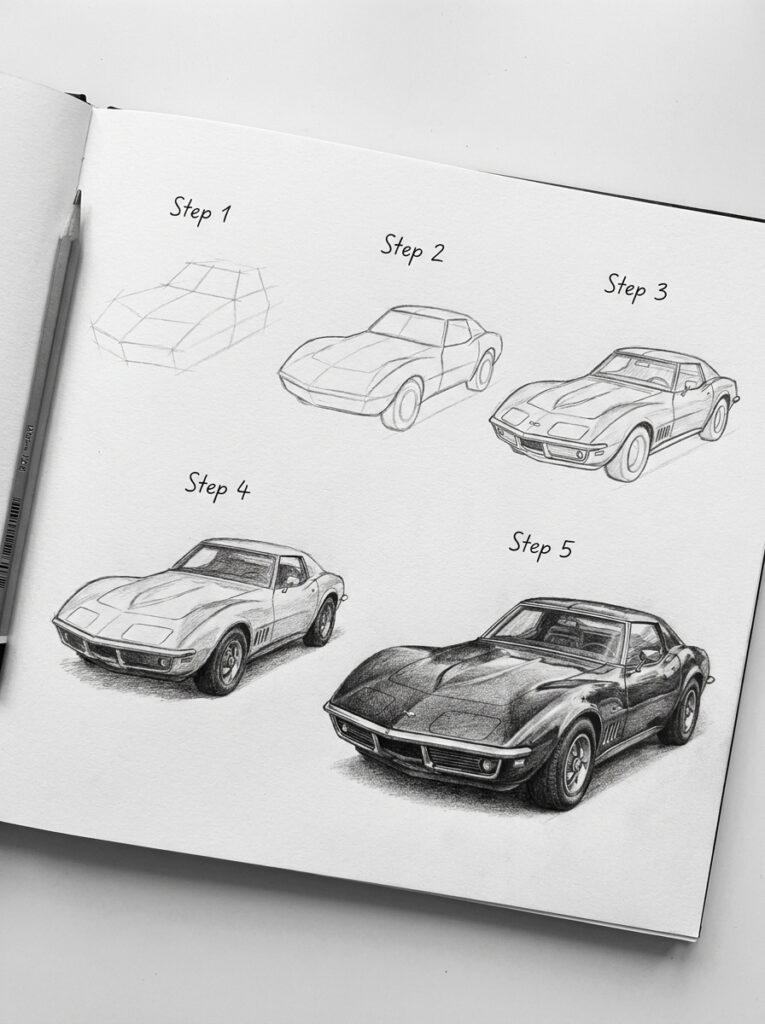 Drawing_realistic_Corvette_tutorial_202607071235 Sketchbook showing five-step pencil tutorial to draw a classic Corvette-style sports car, from wireframe to shaded. | Sky Rye Design Sketchbook showing five-step pencil tutorial to draw a classic Corvette-style sports car, from wireframe to shaded.