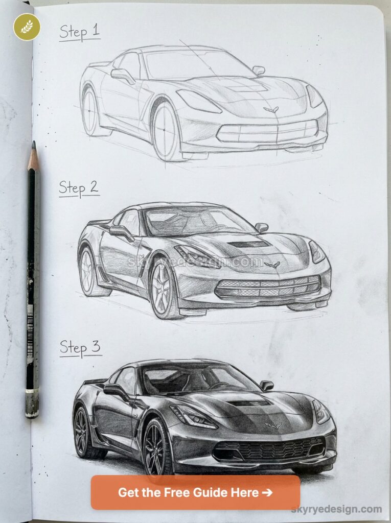tutorial-front-corvette Pencil drawing tutorial: step-by-step sports car sketches in a sketchbook (3 stages) with pencil and 'Get the Free Guide' button | Sky Rye Design Pencil drawing tutorial: step-by-step sports car sketches in a sketchbook (3 stages) with pencil and'Get the Free Guide' button