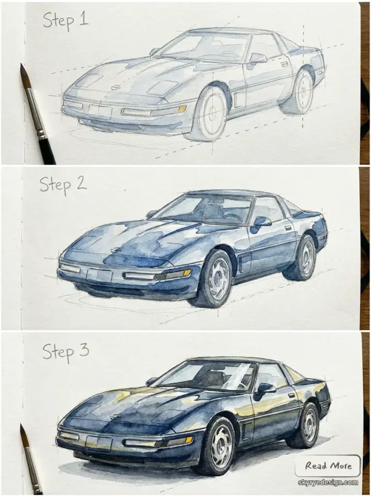 Watercolor_tutorial_Corvette_C4_202607071240 Watercolor step-by-step tutorial of a blue sports car showing sketch, mid-paint, and finished detailed illustration | Sky Rye Design Watercolor step-by-step tutorial of a blue sports car showing sketch, mid-paint, and finished detailed illustration