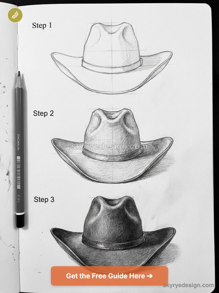 Three-step pencil tutorial showing a cowboy hat sketch in stages on a sketchbook with a pencil at left
