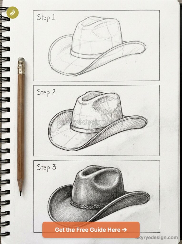 Three-step pencil drawing tutorial of a cowboy hat on a spiral sketchbook, pencil at left