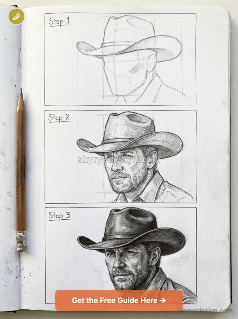 Step-by-step pencil sketch tutorial showing three stages of a cowboy portrait wearing a hat on a notebook page.