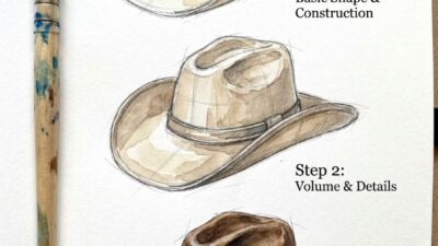 Watercolor cowboy hat tutorial: three-step sketch progression showing volume, shading and a paintbrush on paper
