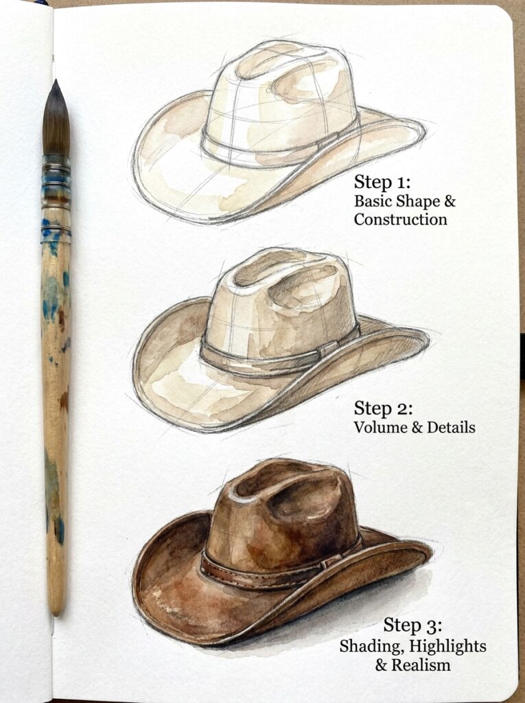 Watercolor cowboy hat tutorial: three-step sketch progression showing volume, shading and a paintbrush on paper