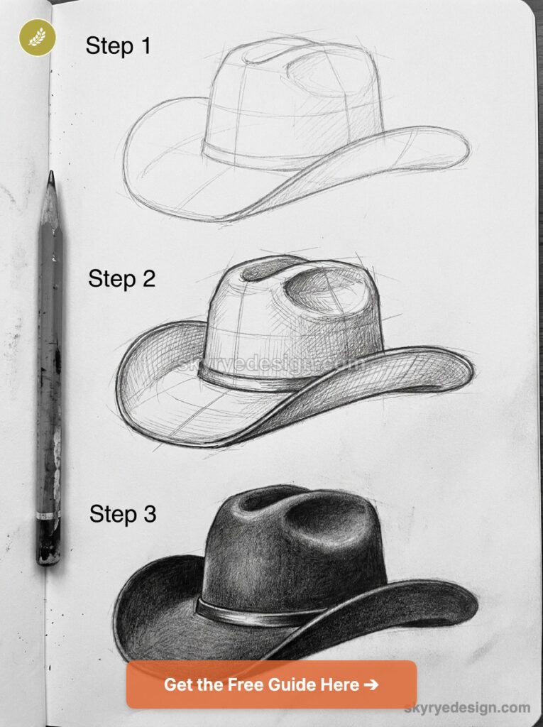 Step-by-step pencil sketch tutorial showing how to draw a cowboy hat in three stages on a sketchbook page with pencil