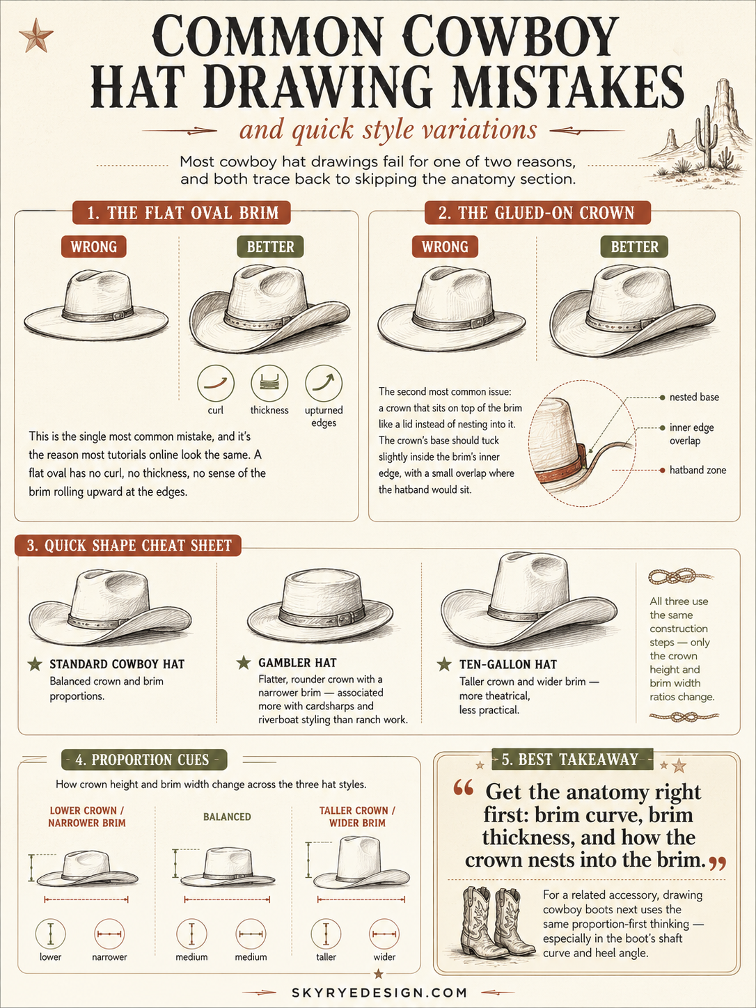Infographic showing common cowboy hat drawing mistakes, anatomy tips, style variations, and proportion cues.
