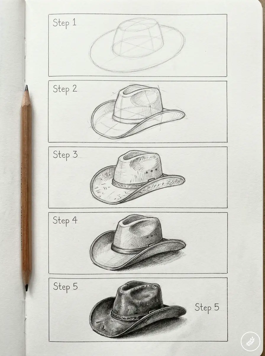 Five-step pencil sketch tutorial of a cowboy hat in a sketchbook with a pencil at left.