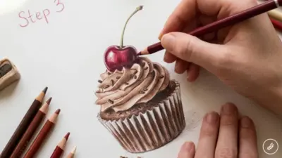 Hand drawing a realistic colored-pencil cupcake with cherry on top, colored pencils and Step 3 note visible