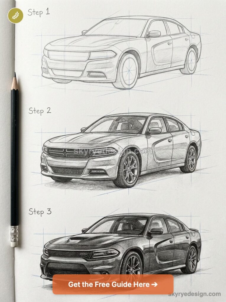 tutorial-dodge-charger-modern-lx-ld Step-by-step pencil tutorial showing three stages of drawing a realistic sedan from outline to shaded sketch | Sky Rye Design Step-by-step pencil tutorial showing three stages of drawing a realistic sedan from outline to shaded sketch