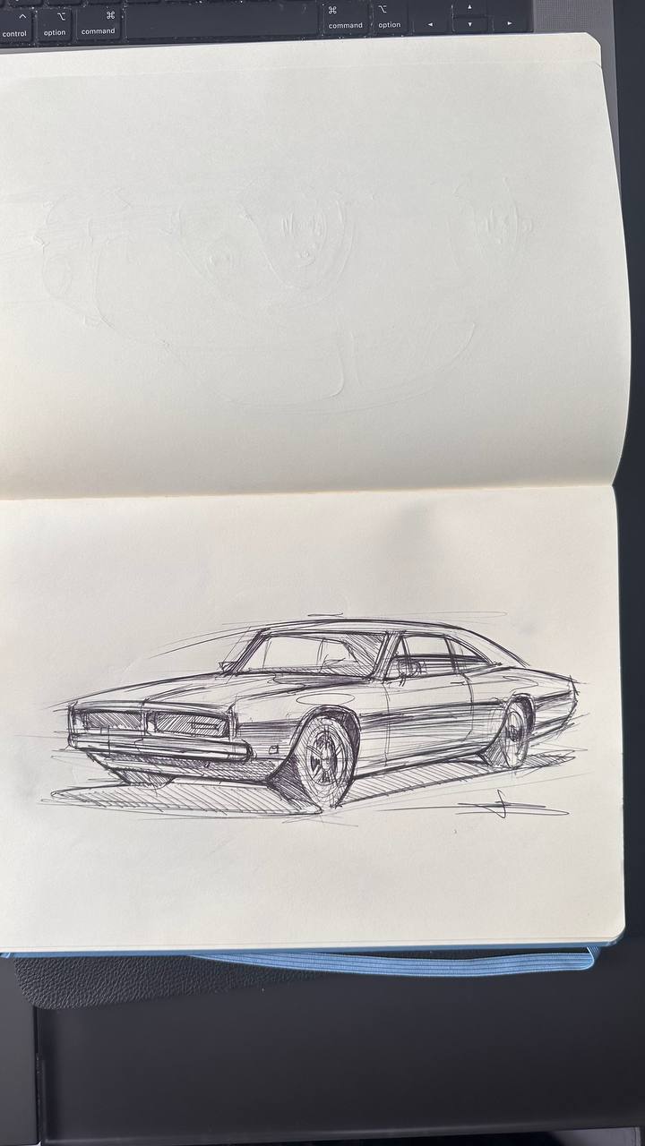 photo_2026-07-11_15-04-06 Hand-drawn pen sketch of a vintage muscle car in a sketchbook, front three-quarter view, classic coupe design | Sky Rye Design Hand-drawn pen sketch of a vintage muscle car in a sketchbook, front three-quarter view, classic coupe design