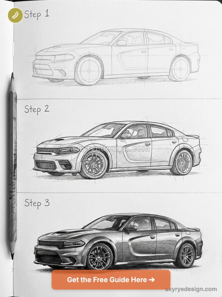 tutorial-dodge-charger-side-profile Pencil car drawing tutorial: three-step progression from rough sketch to refined linework and realistic shaded sedan | Sky Rye Design Pencil car drawing tutorial: three-step progression from rough sketch to refined linework and realistic shaded sedan