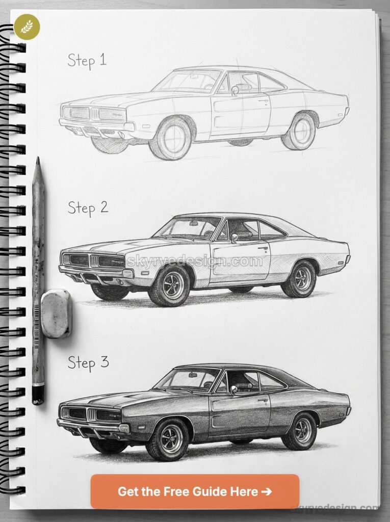 tutorial-dodge-charger-old-side-view Step-by-step pencil sketch of a classic muscle car in a spiral sketchbook with pencil and eraser, Get the Free Guide | Sky Rye Design Step-by-step pencil sketch of a classic muscle car in a spiral sketchbook with pencil and eraser, Get the Free Guide