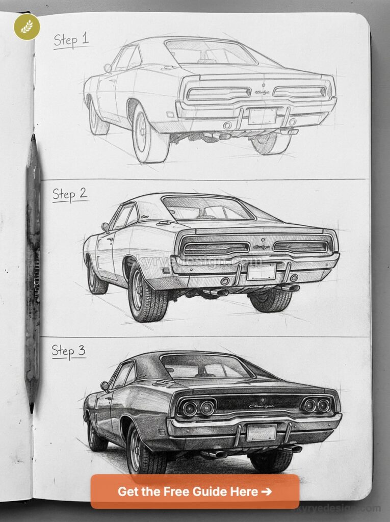 tutorial-dodge-charger-old-rear-view Three-step pencil sketch progression of a classic muscle car rear view in a sketchbook with pencil, drawing tutorial | Sky Rye Design Three-step pencil sketch progression of a classic muscle car rear view in a sketchbook with pencil, drawing tutorial