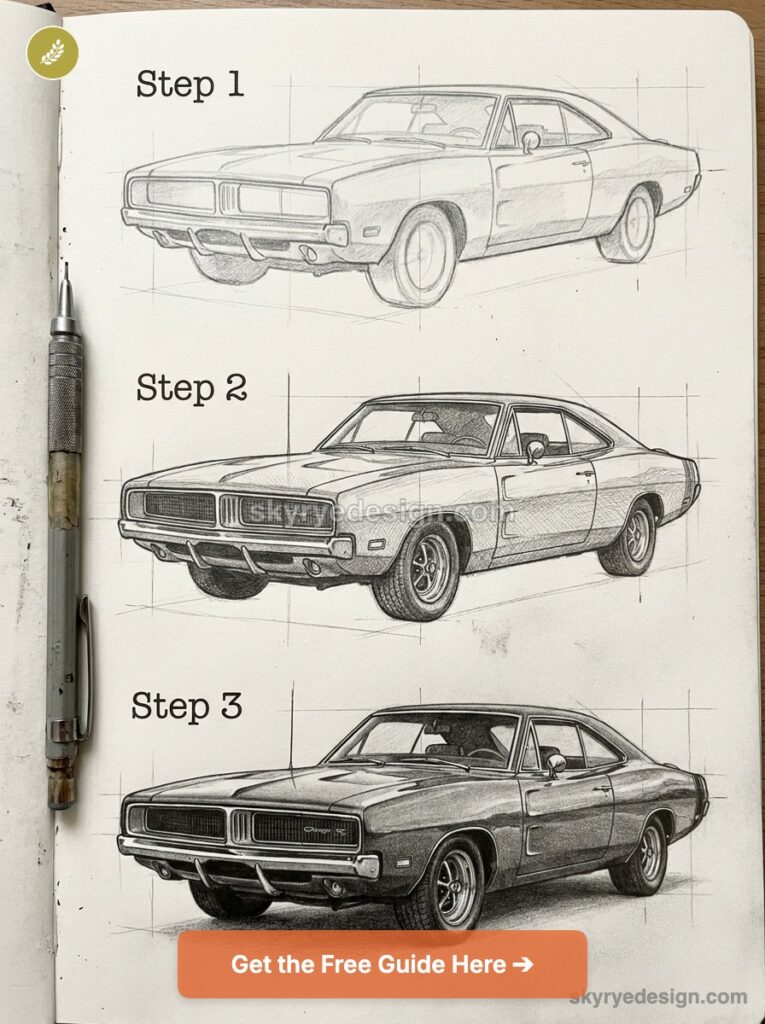tutorial-dodge-charger 1 Step-by-step pencil tutorial: three-stage sketch progression of a classic muscle car (pencil and pen visible) | Sky Rye Design Step-by-step pencil tutorial: three-stage sketch progression of a classic muscle car (pencil and pen visible)