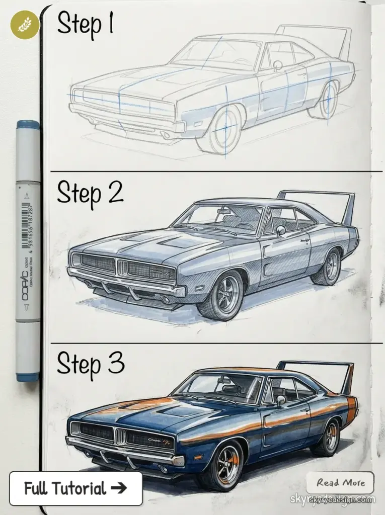 copic-tutorial-1783771658645 Car drawing tutorial - three-step: construction lines, shaded marker rendering and final colored vintage muscle car. | Sky Rye Design Car drawing tutorial - three-step: construction lines, shaded marker rendering and final colored vintage muscle car.