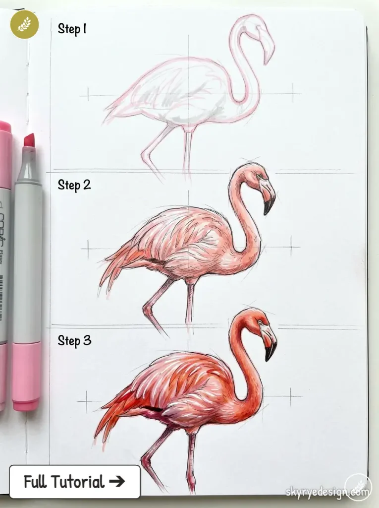 Three sketchbook steps illustrating a flamingo from a basic pencil outline to a fully rendered pink illustration