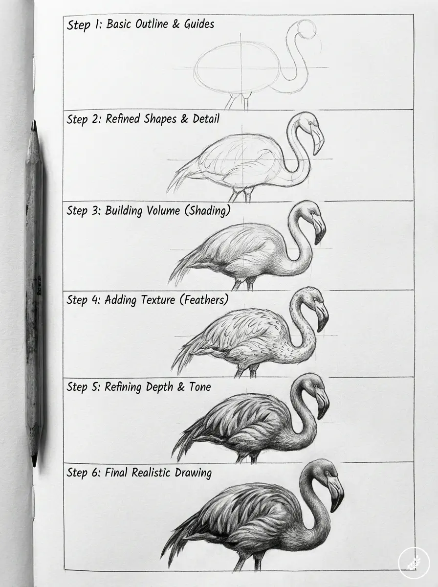 Six-step tutorial showing a flamingo drawing progress from basic construction guides to a fully shaded, detailed rendering