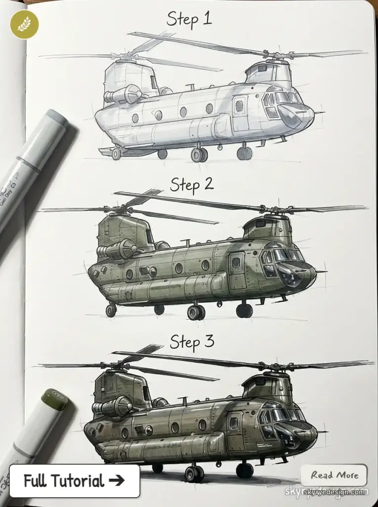 Chinook helicopter drawing tutorial with a three-step sketch-to-color process using markers.