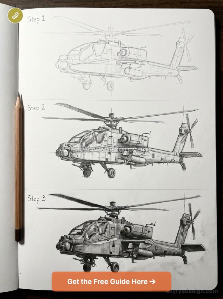 Military helicopter drawing tutorial showing a three-step attack helicopter sketch on a sketchbook page.