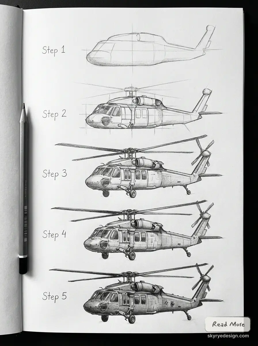 Easy helicopter drawing tutorial showing five pencil steps from construction lines to finished sketch.