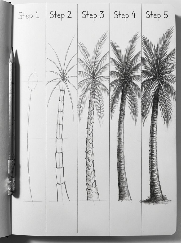 Palm tree pencil drawing tutorial showing five step-by-step sketch stages in a sketchbook