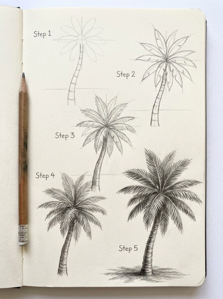 Pencil-drawn palm tree tutorial in a sketchbook, five-step progression from rough shapes to a detailed shaded tree.