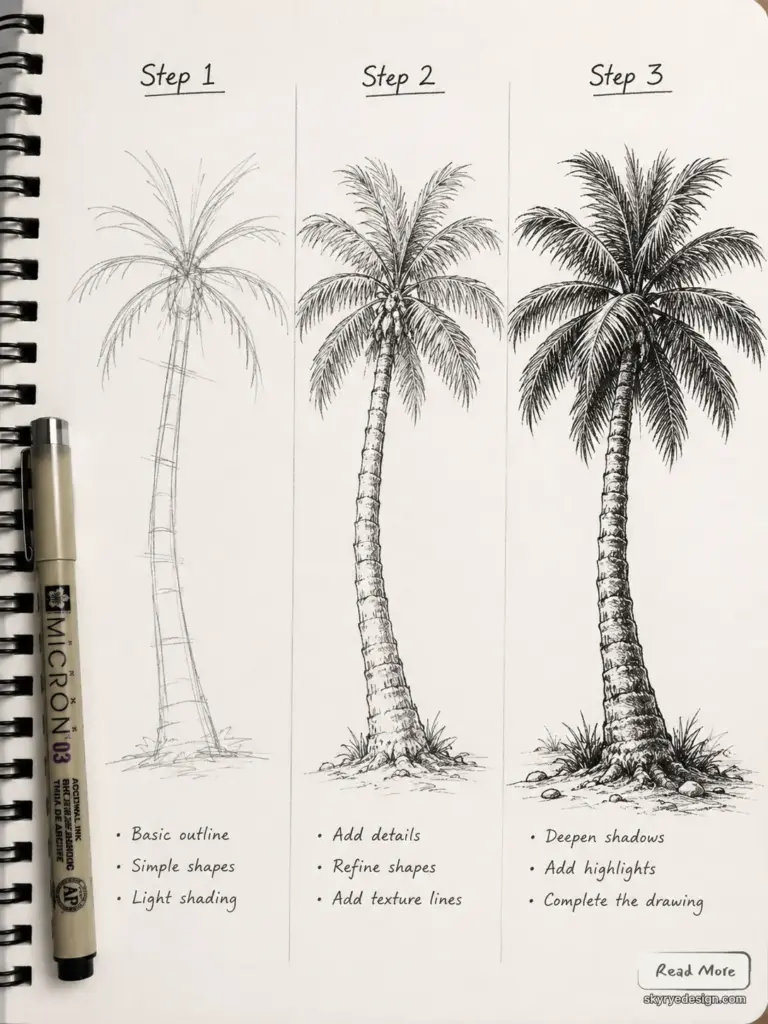 Palm tree drawing tutorial: three steps from basic pencil outline to detailed inked, shaded palm with Micron pen