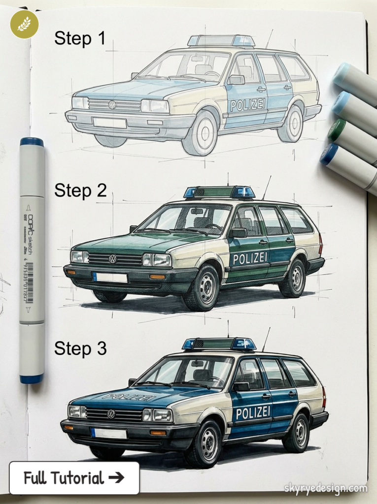 Police car illustration tutorial: step-by-step VW Polizei station wagon sketching with markers