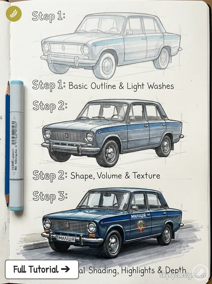 Car drawing tutorial sketchbook: step-by-step outline, shading, final colored vintage blue police car with marker and pencil
