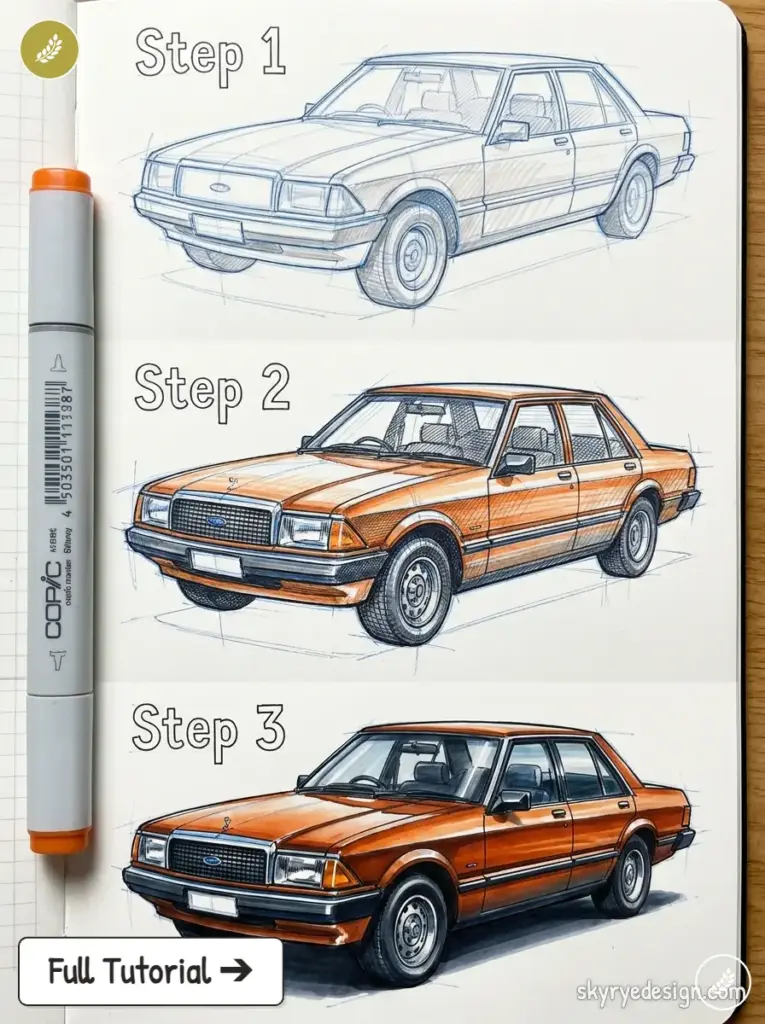 Three-step car drawing tutorial showing sketch-to-color progression of an orange vintage sedan with Copic marker.