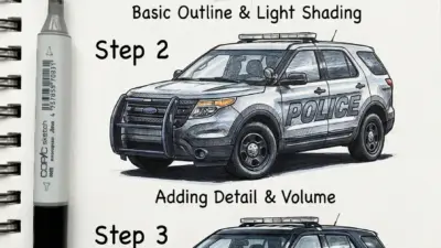 Step-by-step police SUV drawing tutorial with Copic marker showing outline, shading, details, finished render.