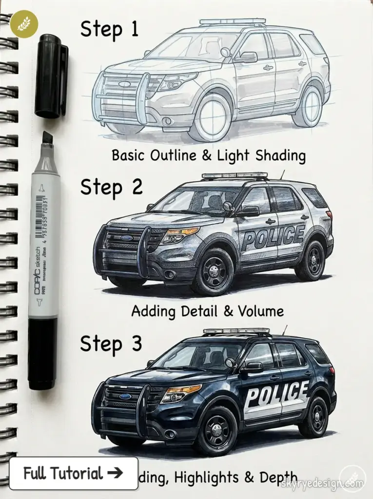 Step-by-step police SUV drawing tutorial with Copic marker showing outline, shading, details, finished render.