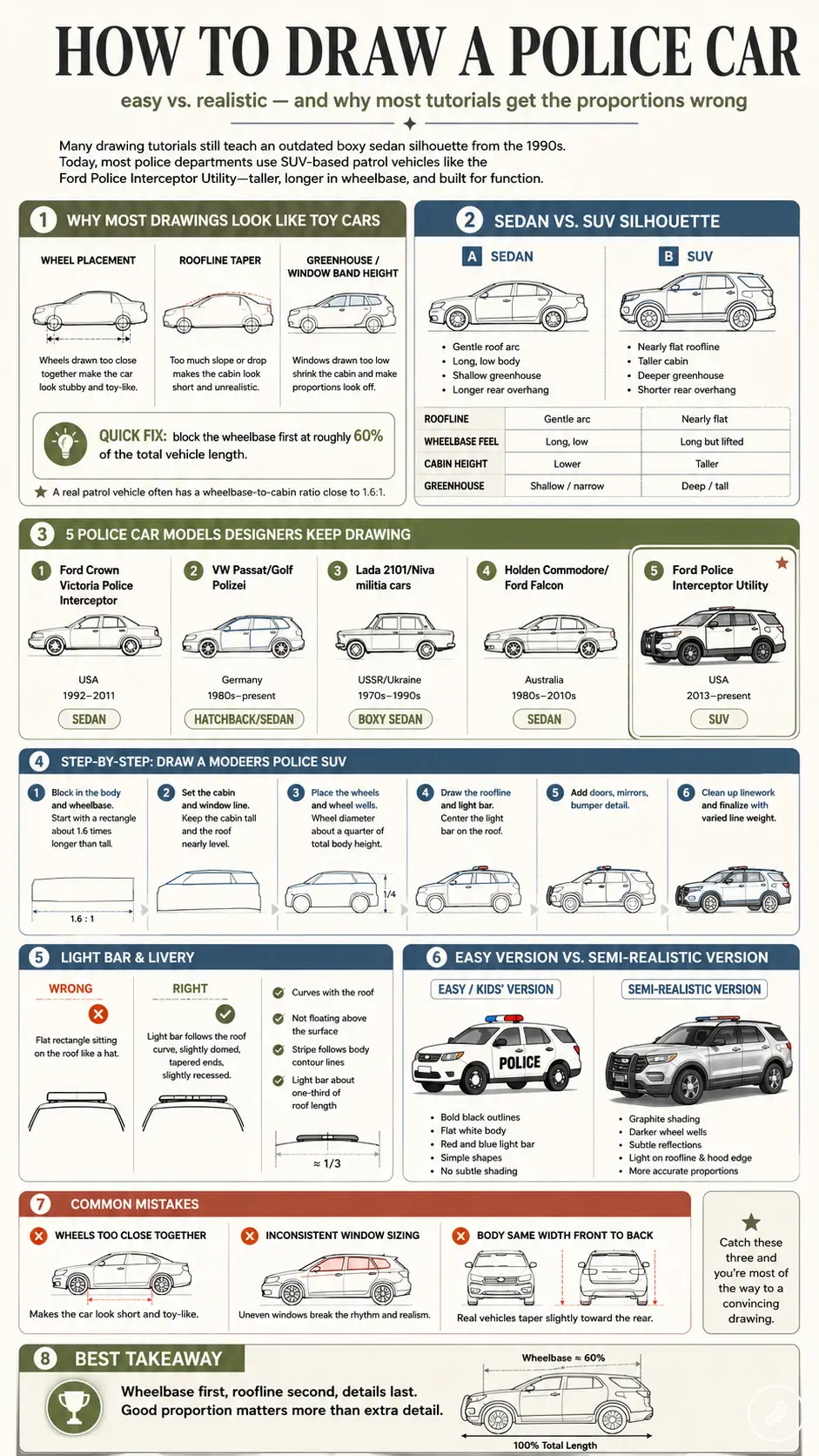 How to draw a police car infographic, step-by-step guide with sedan vs SUV proportions, wheelbase and light-bar tips
