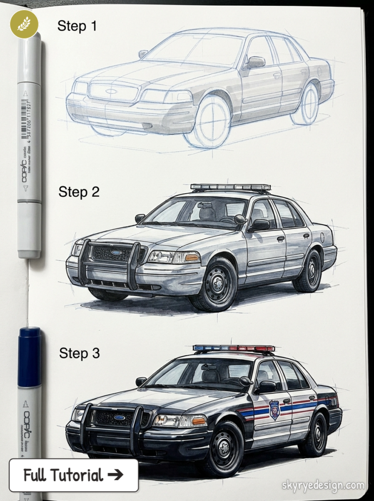 Step-by-step police car drawing tutorial showing sketch, inked patrol car, and final colored cruiser with Copic markers.