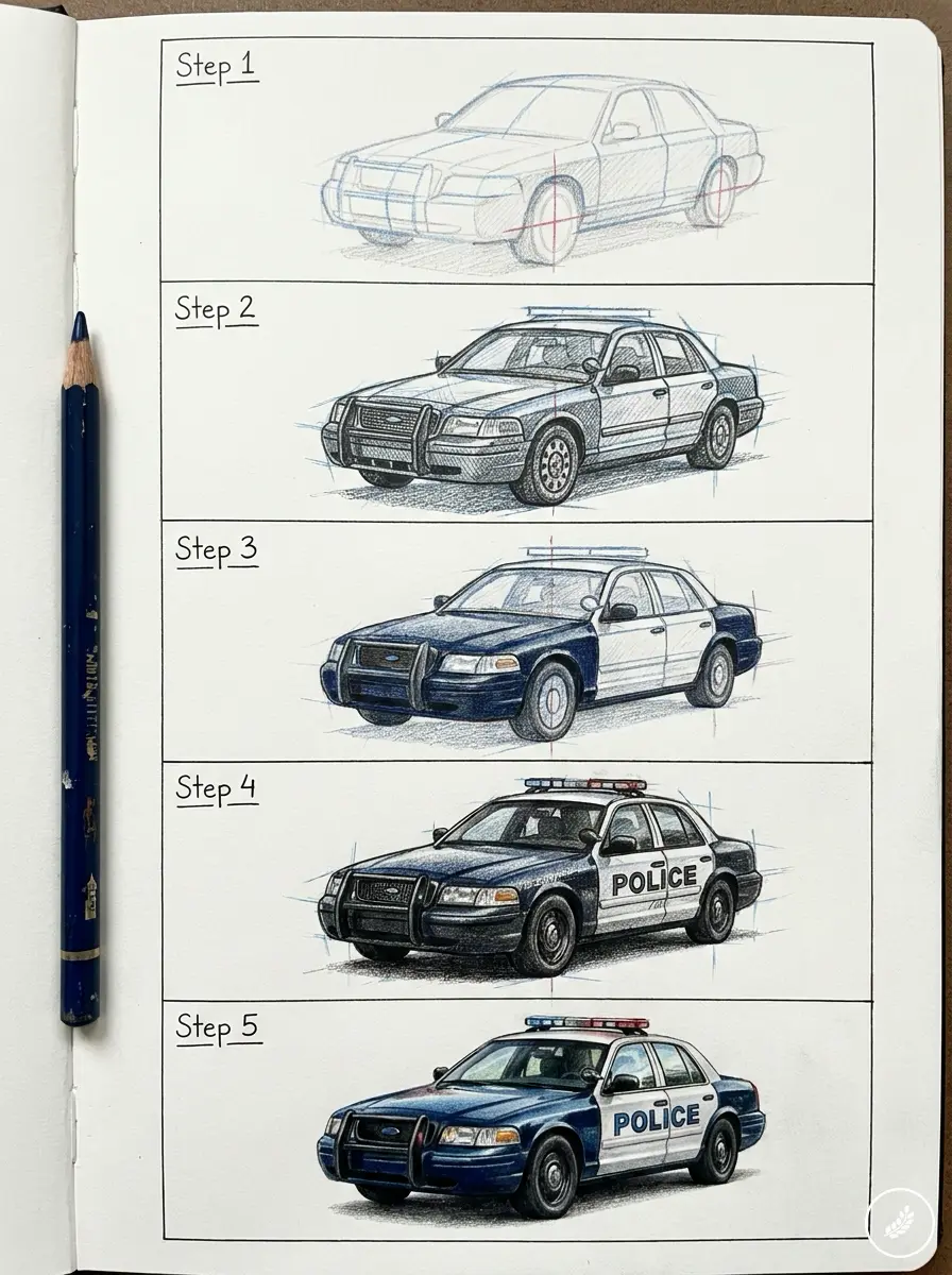 How to draw a police car: step-by-step sketchbook tutorial showing five stages from rough pencil sketch to colored patrol car