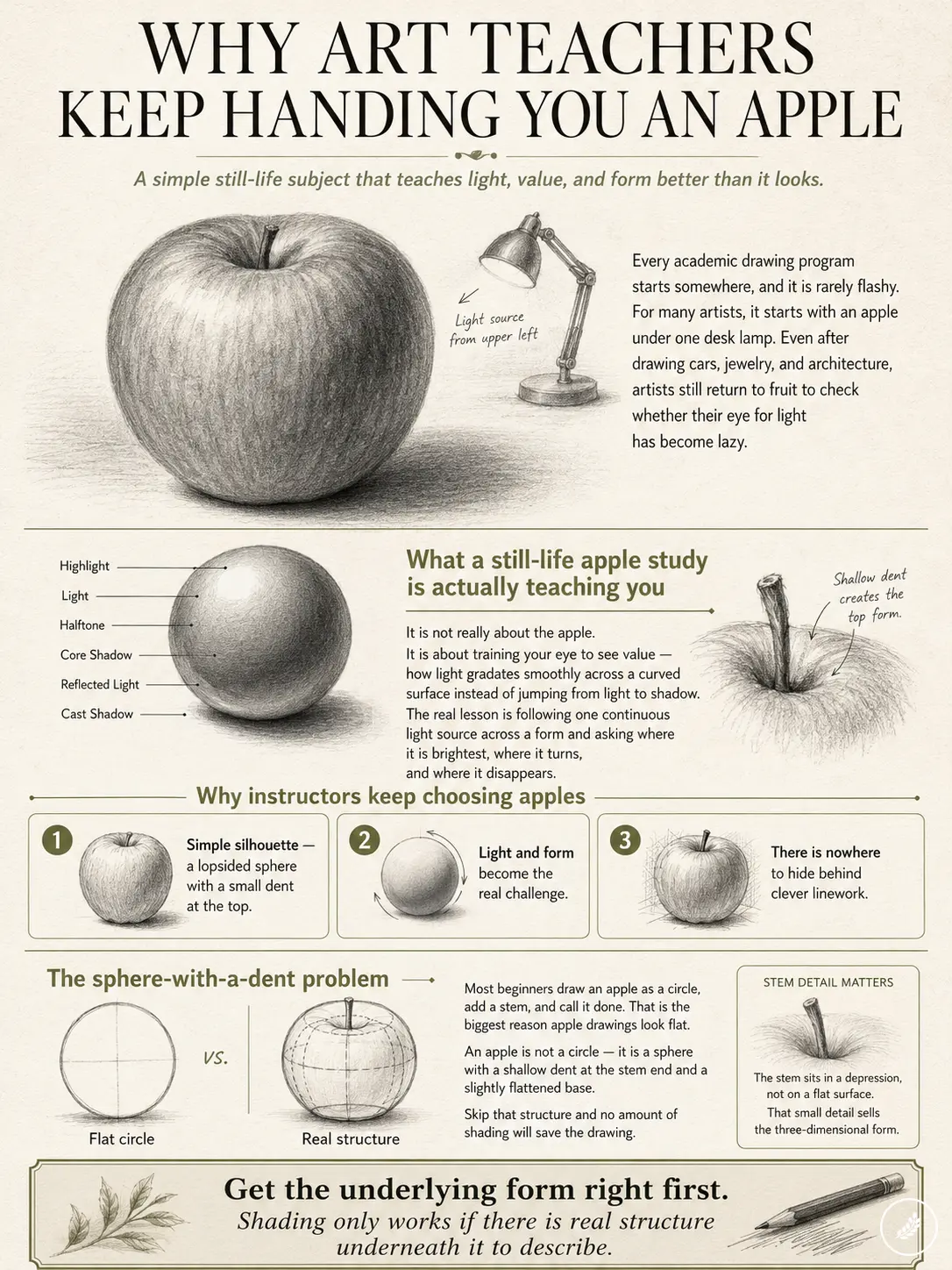 0c9577cb-3211-464c-97d6-5746ec426f95 Infographic about still-life drawing with a large apple and a desk lamp, teaching light and shading concepts. | Sky Rye Design Still-life apple drawing infographic: lighting, shading, form, and drawing tips for art students.
