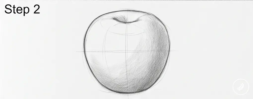 how-to-draw-an-apple-step-2 Step 2 pencil sketch of an apple with construction lines for drawing tutorial | Sky Rye Design Step 2 pencil sketch of an apple with construction lines for drawing tutorial