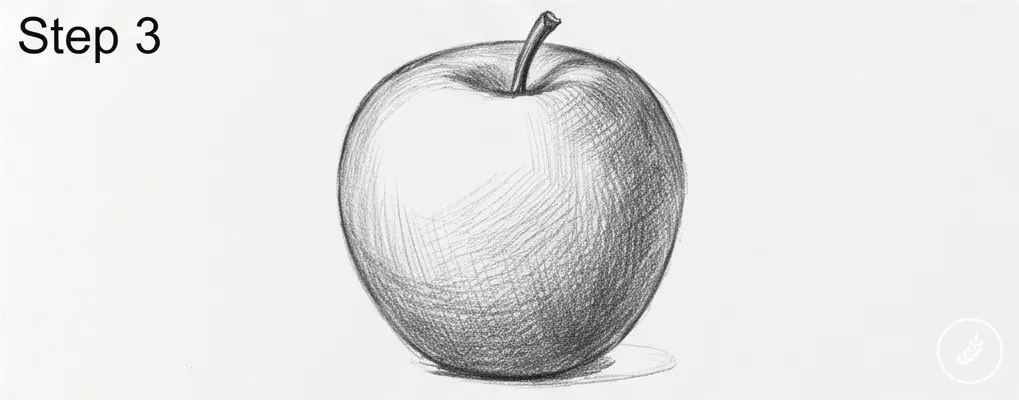 how-to-draw-an-apple-step-3 Apple pencil sketch tutorial — Step 3: shaded, cross-hatched apple drawing with stem | Sky Rye Design Apple pencil sketch tutorial — Step 3: shaded, cross-hatched apple drawing with stem