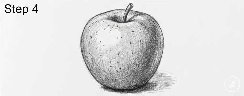 how-to-draw-an-apple-step-4 Realistic pencil sketch of a shaded apple with texture — Step 4 of a step-by-step drawing tutorial | Sky Rye Design Realistic pencil sketch of a shaded apple with texture — Step 4 of a step-by-step drawing tutorial