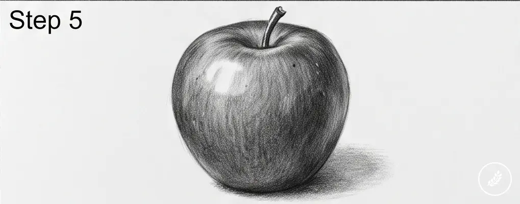 how-to-draw-an-apple-step-5 Step 5 pencil drawing tutorial: realistic shaded apple with stem, highlights and cast shadow | Sky Rye Design Step 5 pencil drawing tutorial: realistic shaded apple with stem, highlights and cast shadow