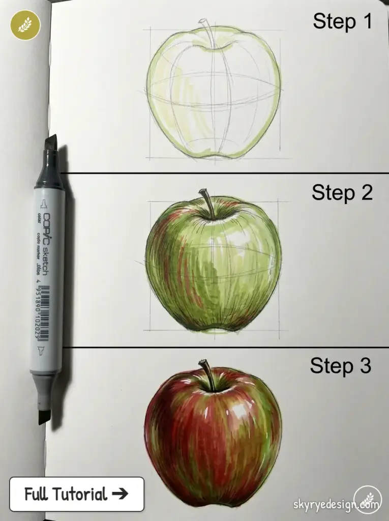 copic-tutorial-1784586899653 Apple drawing tutorial: Copic marker sketch to colored stages (Step 1–3) showing finished red-green apple | Sky Rye Design Apple drawing tutorial: Copic marker sketch to colored stages (Step 1–3) showing finished red-green apple