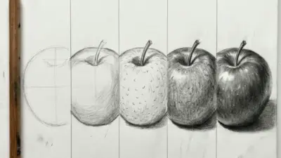Five-step pencil drawing tutorial showing apple sketch progression from basic outline to detailed shaded apple in sketchbook.